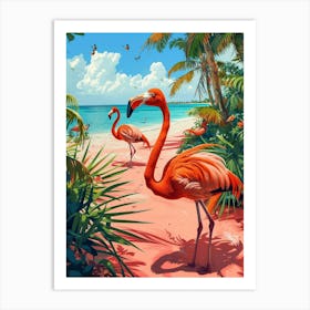 Greater Flamingo Pink Sand Beach Bahamas Tropical Illustration 5 Art Print
