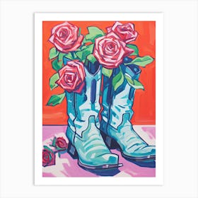 A Painting Of Cowboy Boots With Roses Flowers, Fauvist Style, Still Life 1 Art Print