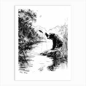 Malayan Sun Bear Catching Fish Ink Illustration 3 Art Print