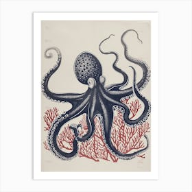 Octopus Linocut Style With Aqua Marine Plants 2 Art Print