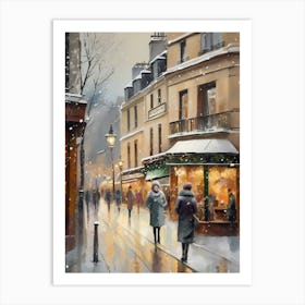 Paris cafes, winter season, Christmas, autumn oil colors, pale colors, pedestrians in the street, winter clothes, falling snow.11 1 Art Print