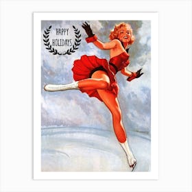 Happy Holidays, Pin Up Ice Skating Girl Art Print