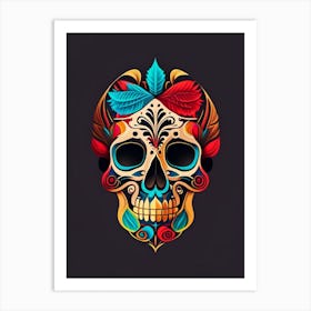 Skull With Tattoo Style Artwork Primary 1 Colours Mexican Art Print