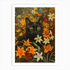 Black Cat In Flowers 9 Art Print