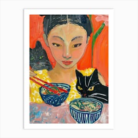 Portrait Of A Woman With Cats Eating Ramen 1 Art Print