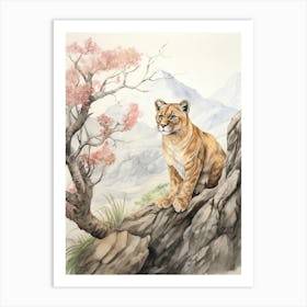 Storybook Animal Watercolour Mountain Lion 2 Art Print
