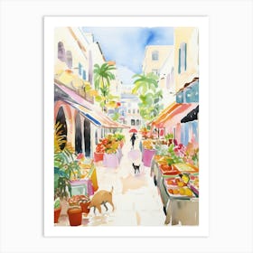 Food Market With Cats In Monaco 2 Watercolour Art Print