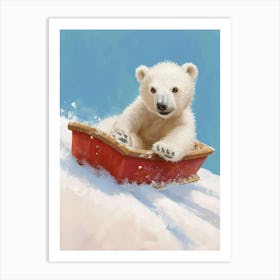 Polar Bear Cub Sledding Down A Snowy Hill Storybook Illustration 2 Art Print