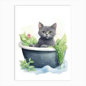 Russian Blue Cat In Bathtub Botanical Bathroom 2 Art Print