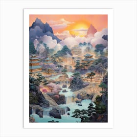 Mountains And Hot Springs Japanese Style Illustration 15 Art Print