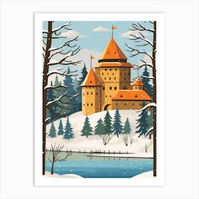 Retro Winter Illustration Trakai Castle Lithuania Art Print