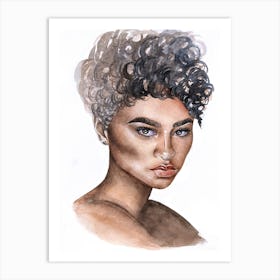 Watercolor portrait of a woman with curly hair Art Print