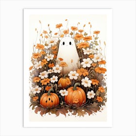 Cute Bedsheet Ghost, Botanical Halloween Watercolour 82 Art Print