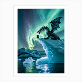 Majestic Dragon Perched On A Colossal Iceberg Sipping Frosted Coffee From An Ornate Cup Arctic Oce Art Print