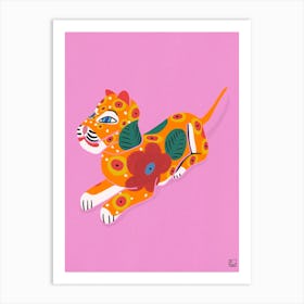 Tiger With Flowers On Pink Background Art Print