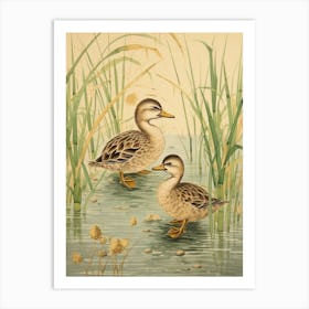 Sweet Ducklings Japanese Woodblock Style 1 Art Print