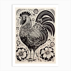 B&W Bird Linocut Chicken 4 Art Print