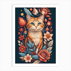 Orange Cat With Flowers Art Print