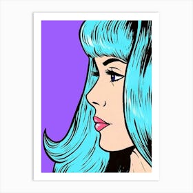 Pop Art Girl Face With Bright Blue Hair Art Print