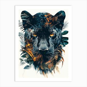 Double Exposure Realistic Black Panther With Jungle 33 Art Print