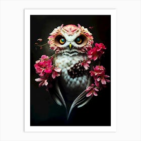 Owl With Pink Flowers Art Print