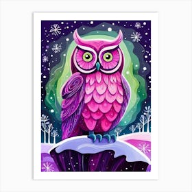 Pink Owl Snowy Landscape Painting (126) Art Print