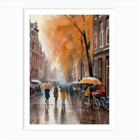 Amsterdam cafes, autumn season, rain, autumn oil colours.Faded colours,People passing on the street, winter clothes, rain umbrellas.3 4 Art Print