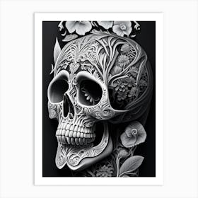 Skull With Tattoo Style Artwork Pastel Linocut Art Print