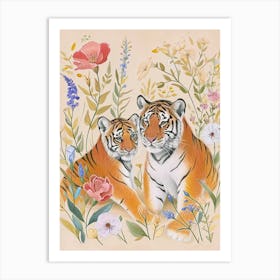 Folksy Floral Animal Drawing Tiger 3 Art Print