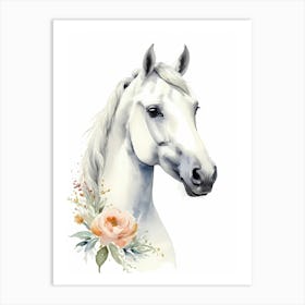 Floral White Horse Watercolor Painting (9) Art Print