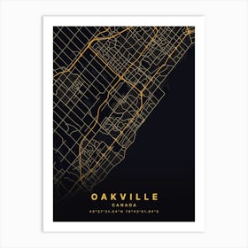 Oakville Ontario Canada Black And Gold Map Art Print