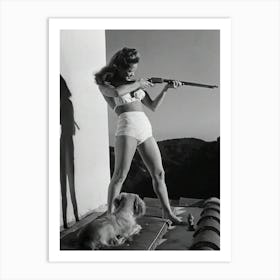 Woman With Dog Aims Rifle Art Print