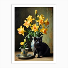 Black Cat With Daffodils Art Print