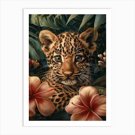 A Happy Front faced Leopard Cub In Tropical Flowers 11 Art Print