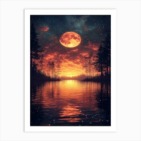 Full Moon Over Lake Art Print