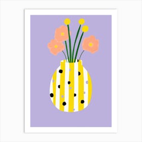 Streifenvase gelb-weiß mit Punkten, einfaches lila Blumen Illustration Design Art Print