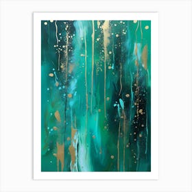 Raining Green Gold Abstract Psychedelic Fluid Art Print