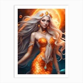 Mystical Blonde Mermaid Under A Blood Moon Art Print