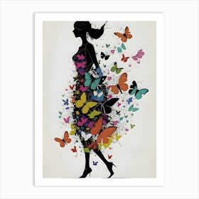 The men's silhouette is slender and minimalist, with soft and elegant lines. Her dress is made up of multicolored butterflies that seem to dance around her, creating an ethereal and delicate effect. The butterflies vary in size and hue, adding a touch of dynamism and joy to the image. The woman appears to be in harmony with nature, symbolized by the butterflies that adorn her dress. Art Print