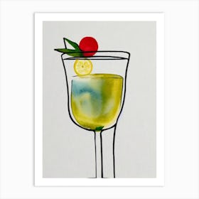 French 75 2 Minimal Line Drawing With Watercolour Cocktail Poster Art Print