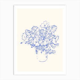 Blue Line Drawing Vase Of Flowers Art Print