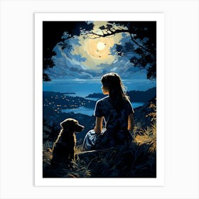 A Woman, Her Dog And A Moonlit Bay Art Print