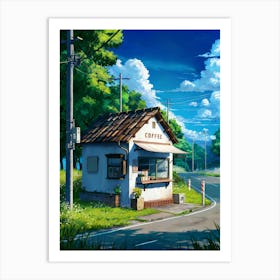 Lofi Anime Art: Quaint countryside coffee shop surrounded by greenery, wildflowers, and a quiet road. Perfect for calm and nostalgic vibes. Art Print