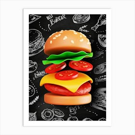 Burger, plastic 3D — Food kitchen poster/blackboard, photo art Art Print