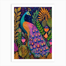 Folky Floral Peacock With The Plants 3 Art Print