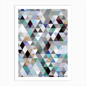 Abstract Geometric Triangle Pattern in Teal Blue and Glitter Gold n.0010 Art Print
