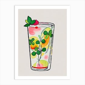Clover Club 2 Minimal Line Drawing With Watercolour Cocktail Poster Art Print