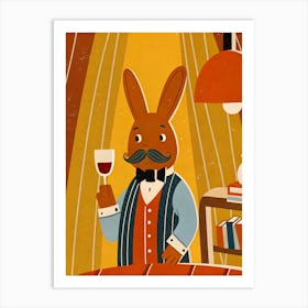 Hare Rabbit With Moustache and Glass Of Wine Art Print