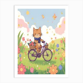 Happy Cat Delivers Flowers On Bike 1 Art Print