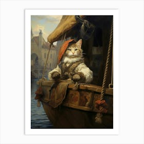 Cat As A Captain On A Medieval Boat 3 Art Print